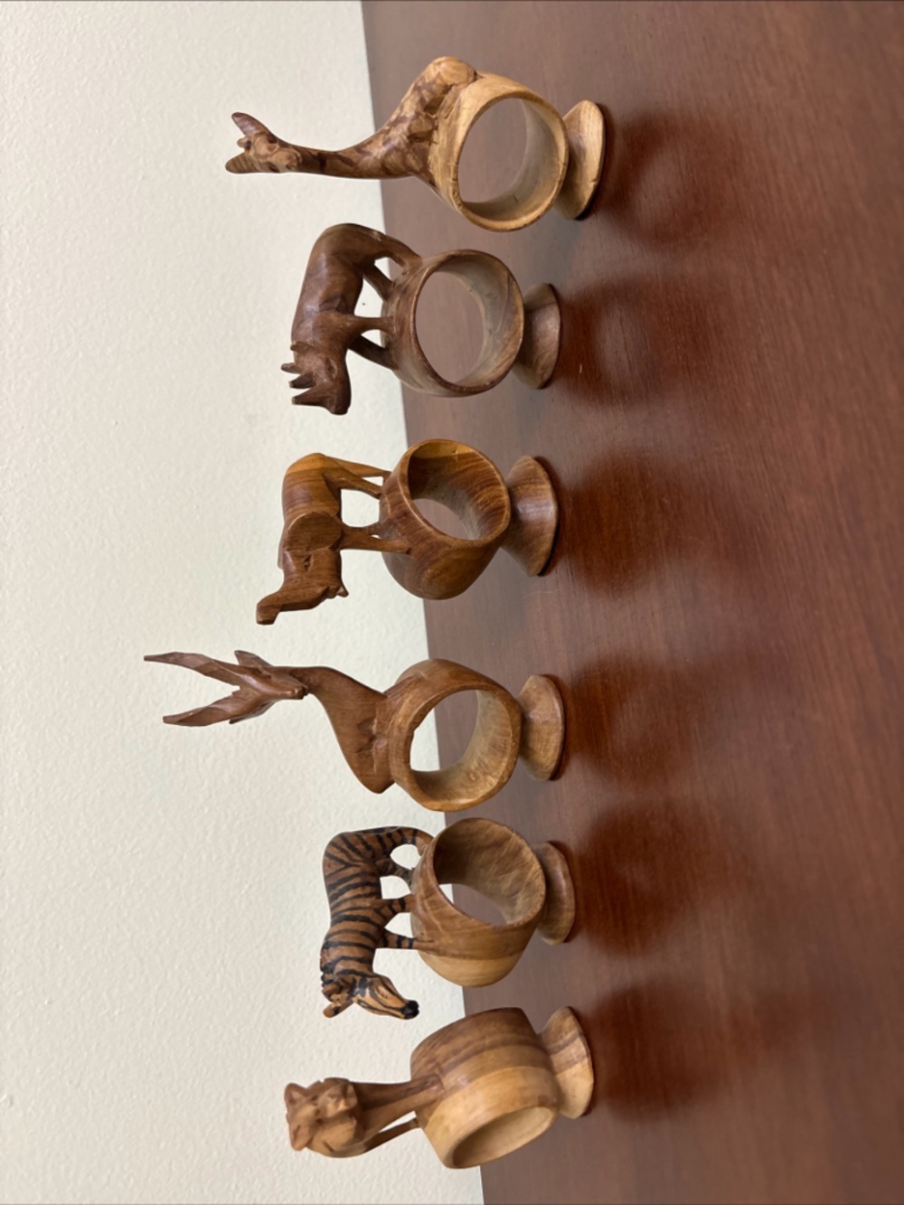 Hand Carved African Safari Animal Wooden Napkin Rings Set of 6 Carved Kenya